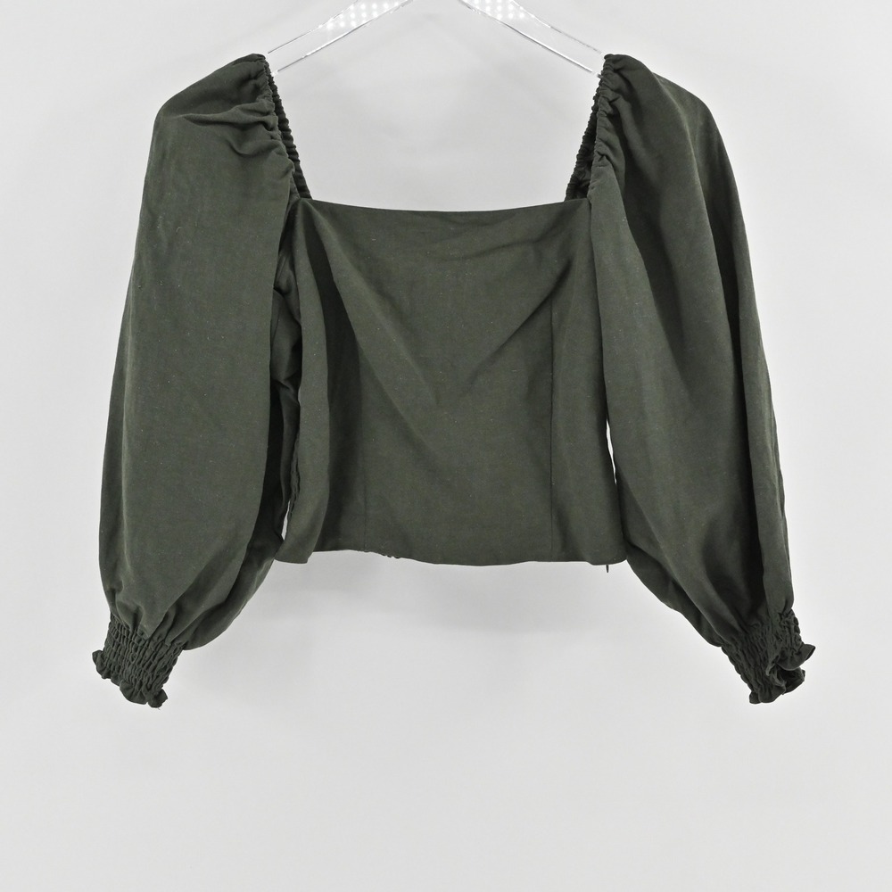 OPT Olive Green Square Neck Top XS Puff Sleeve Smocked Crop Cottagecore Bohemian
